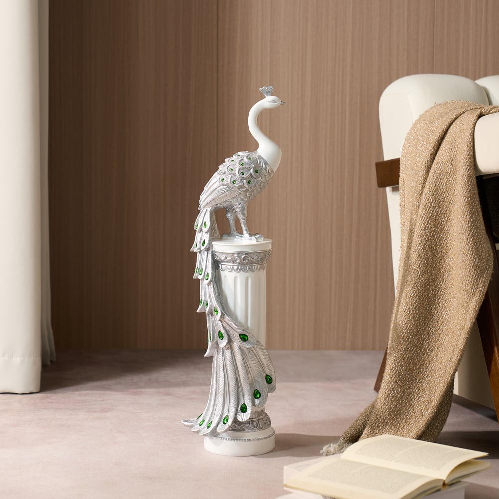 27.6" Srebrna Statua Pawia z Diamentowymi Akcentami – Luksusowa Rzeźba Pawia z Żywicy obraz okna