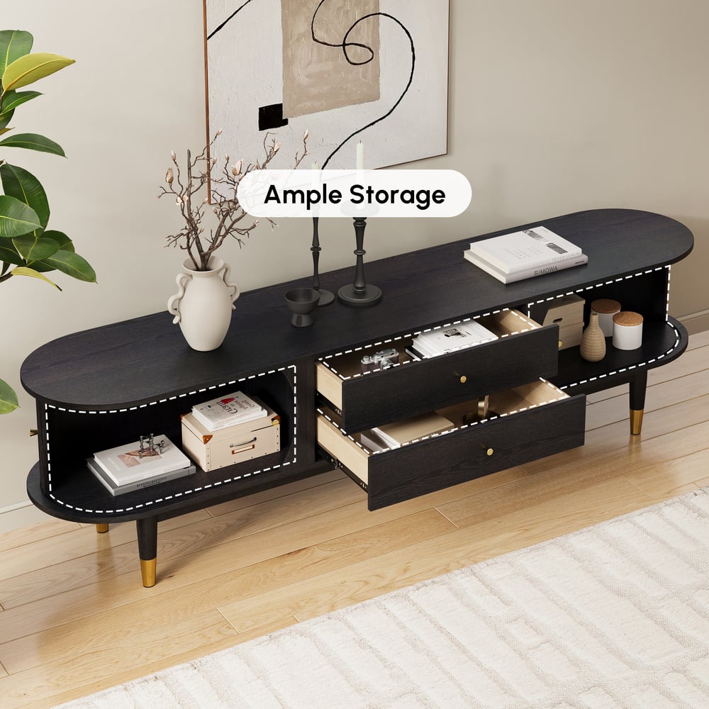 80" Ash Wood Fluted Black TV Stand with Storage window image