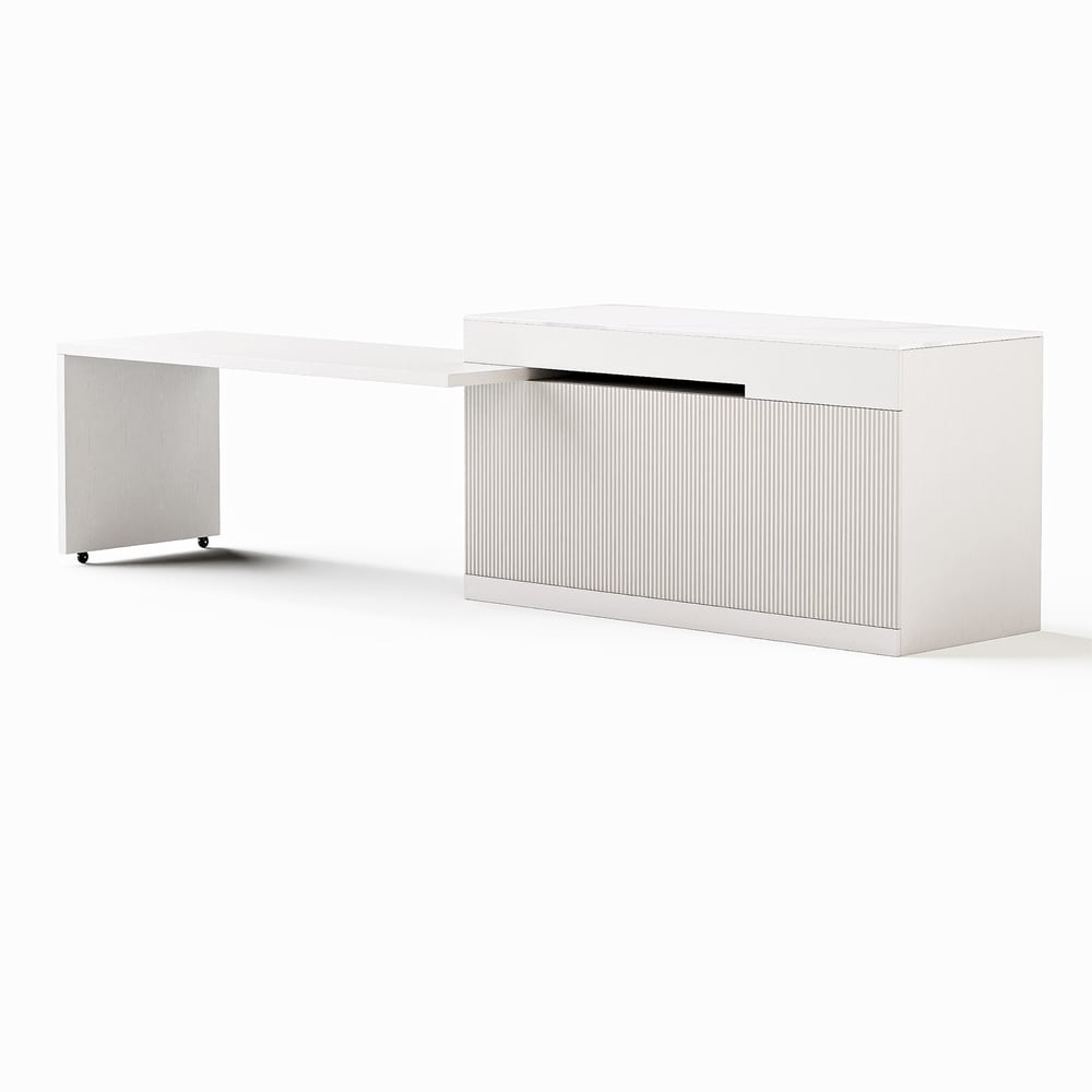 Moderní 205,7 cm - 269,2 cm kuchyňský ostrůvek ze slinutého kamene se zásuvkami a dvířky, bílý obrázek okna