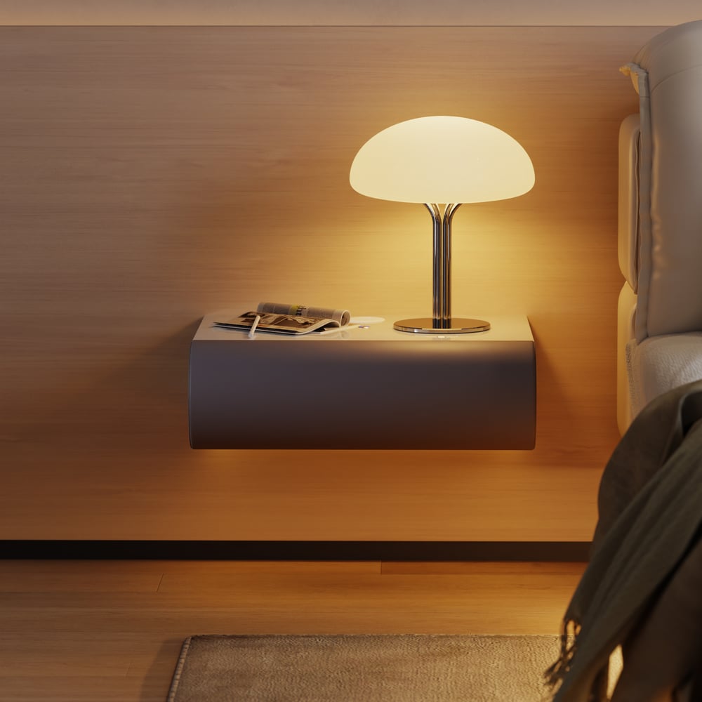 Comodino Smart Humply Sospeso in Pelle con 1 Cassetto, LED e Piano in Pietra Sinterizzata Immagine della finestra