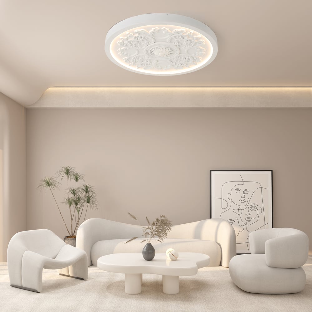 French Elegant White Resin 3D Carved LED 3-Mode Dimmable Flush Mount Ceiling Light window image
