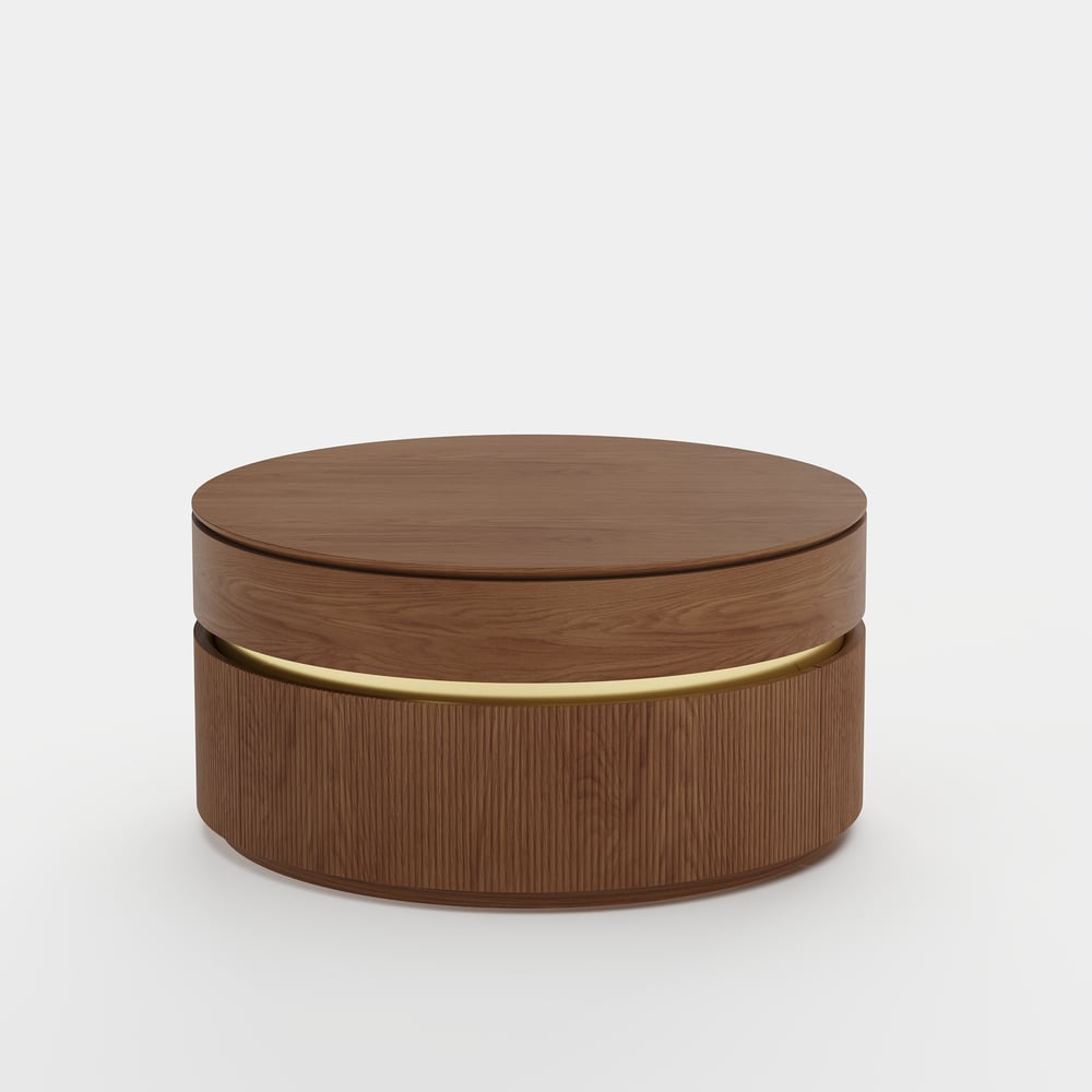 Table basse ronde en noyer à plateau relevable cannelé de 32 pouces avec 2 tiroirs image de fenêtre