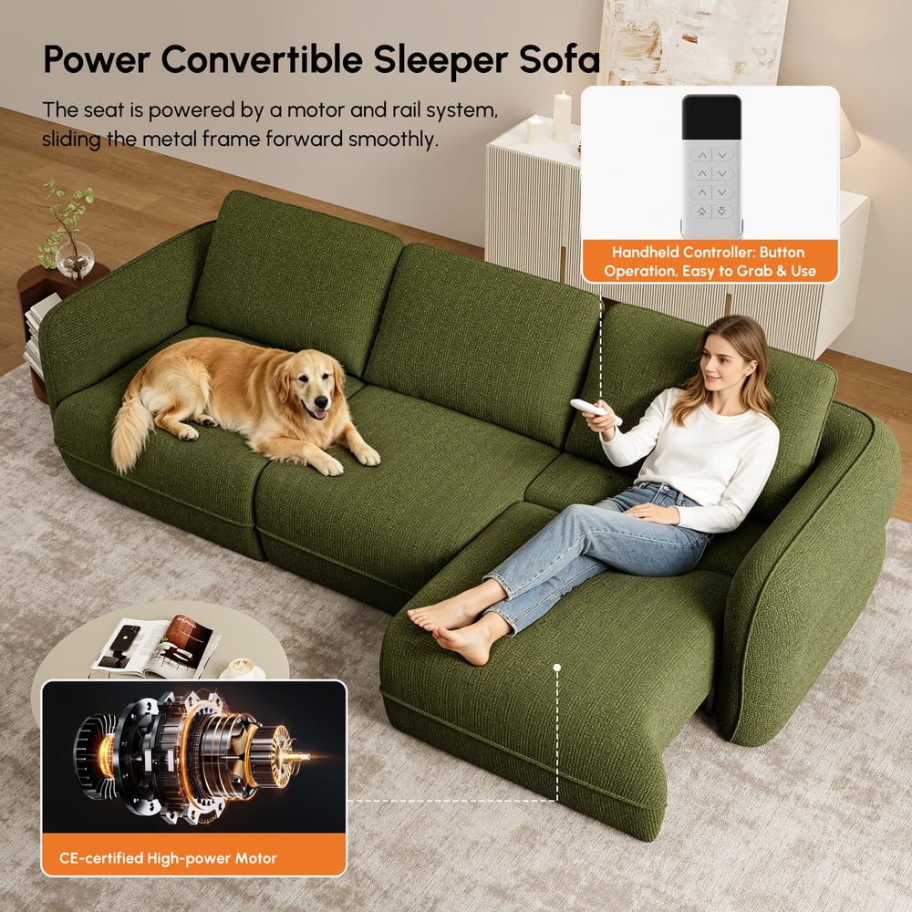 Modern 304cm 3-Seater Chenille Power Convertible Sleeper Sofa with Remote Control window image