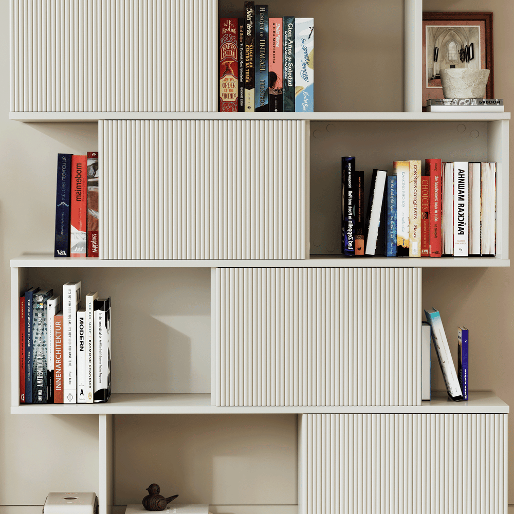 Modern 60" White Standing Office Desk & Sliding Door Etagere Bookshelf window image