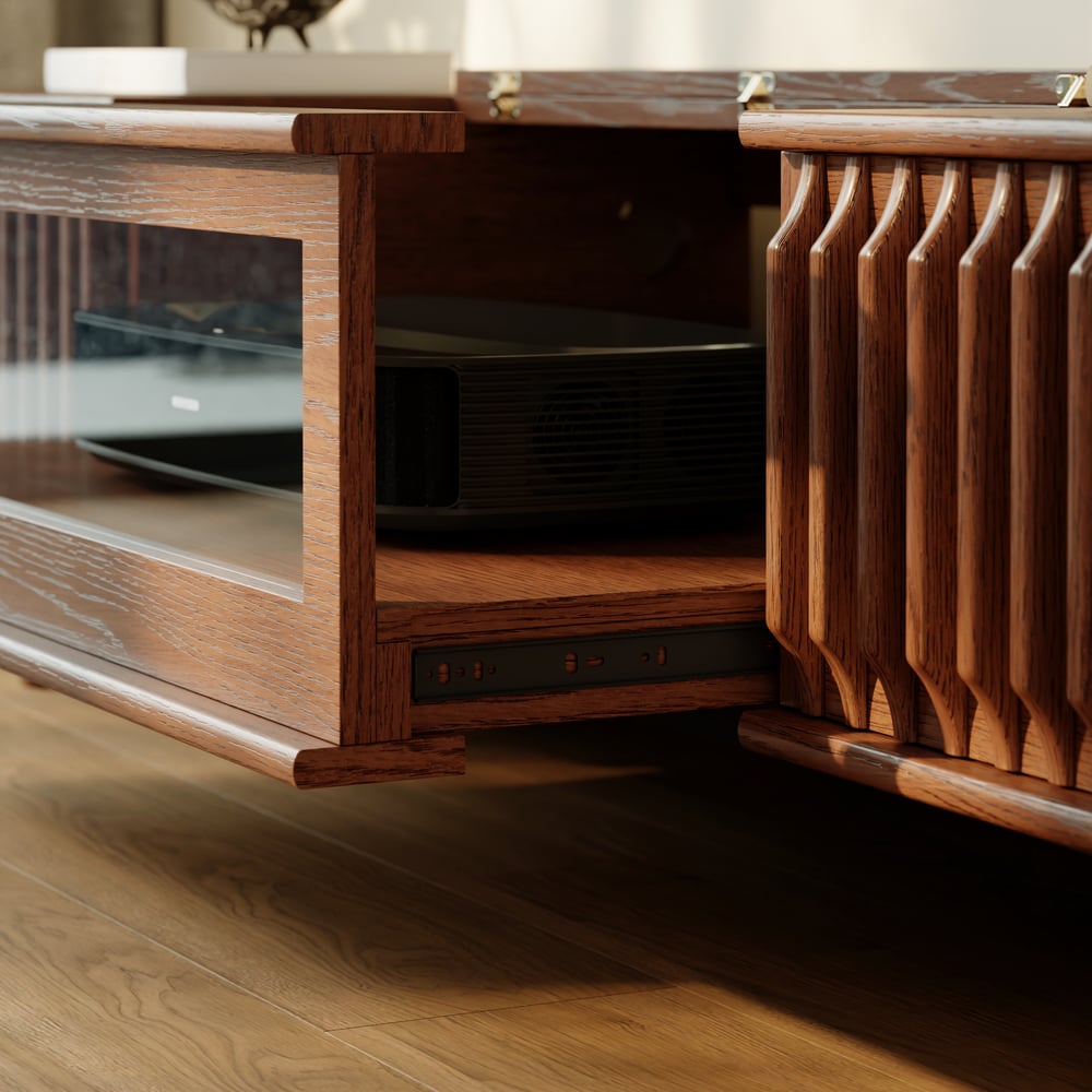 80" Ash Wood Fluted Walnut Projector TV Stand with LED window image