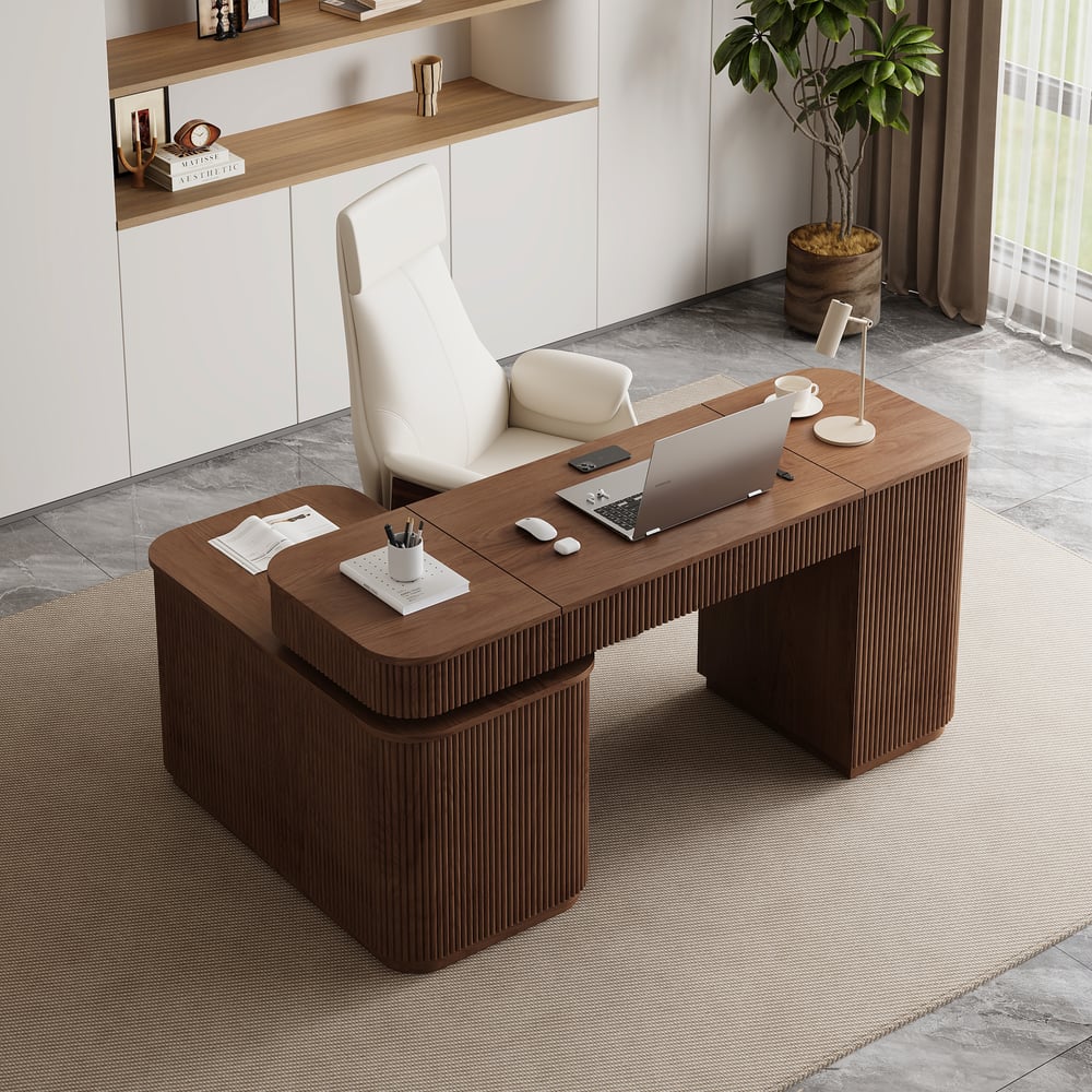 Modern 60" L-Shape Walnut Executive Desk with Drawers & Cabinet Right Hand window image