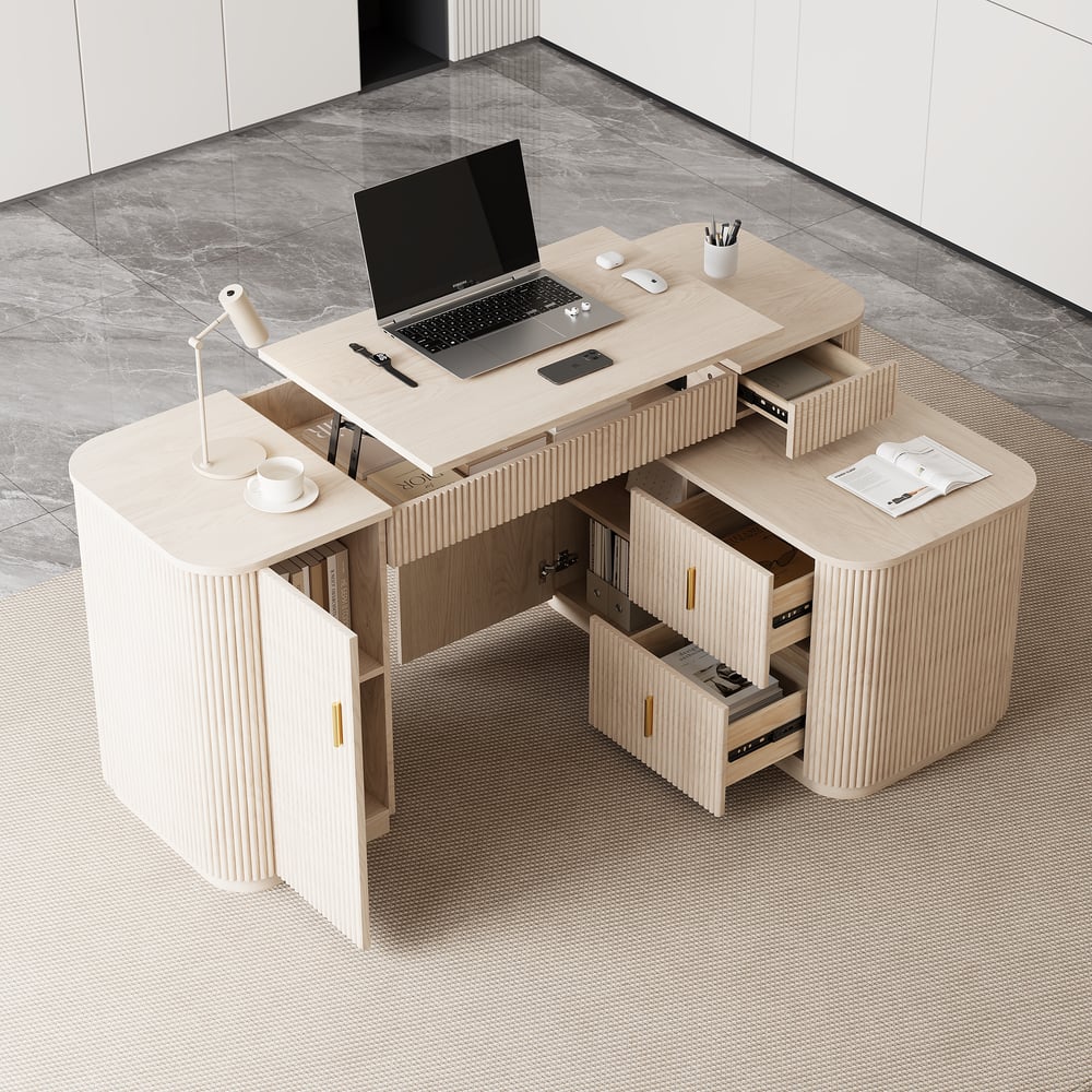 Velign 65" L-Shape Whitewash Executive Desk with Right-Side Cabinet window image