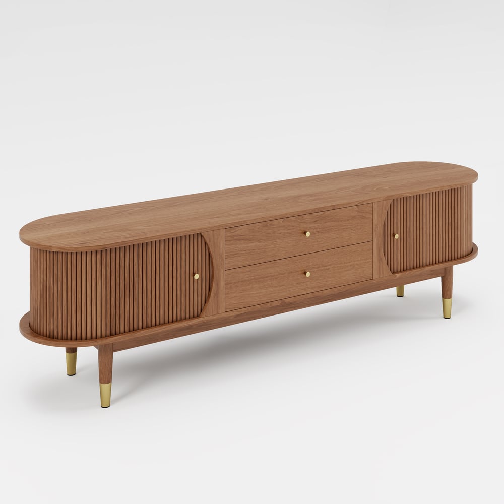 80" Ash Wood Fluted Walnut TV Stand with Storage window image
