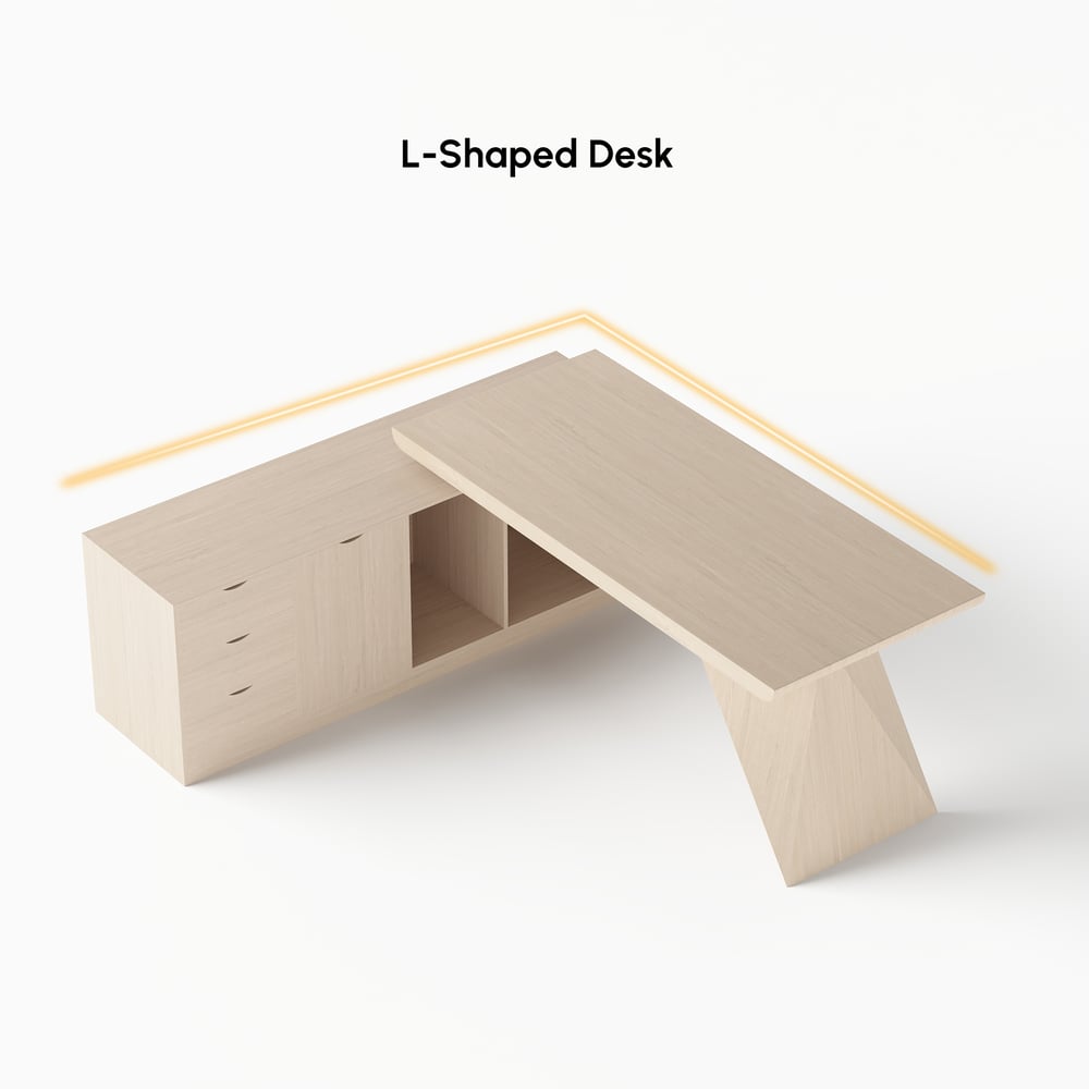 Escrivaninha executiva moderna em forma de L de 180 cm com acabamento em branco lavado e armazenamento, mão esquerda Imagem da janela