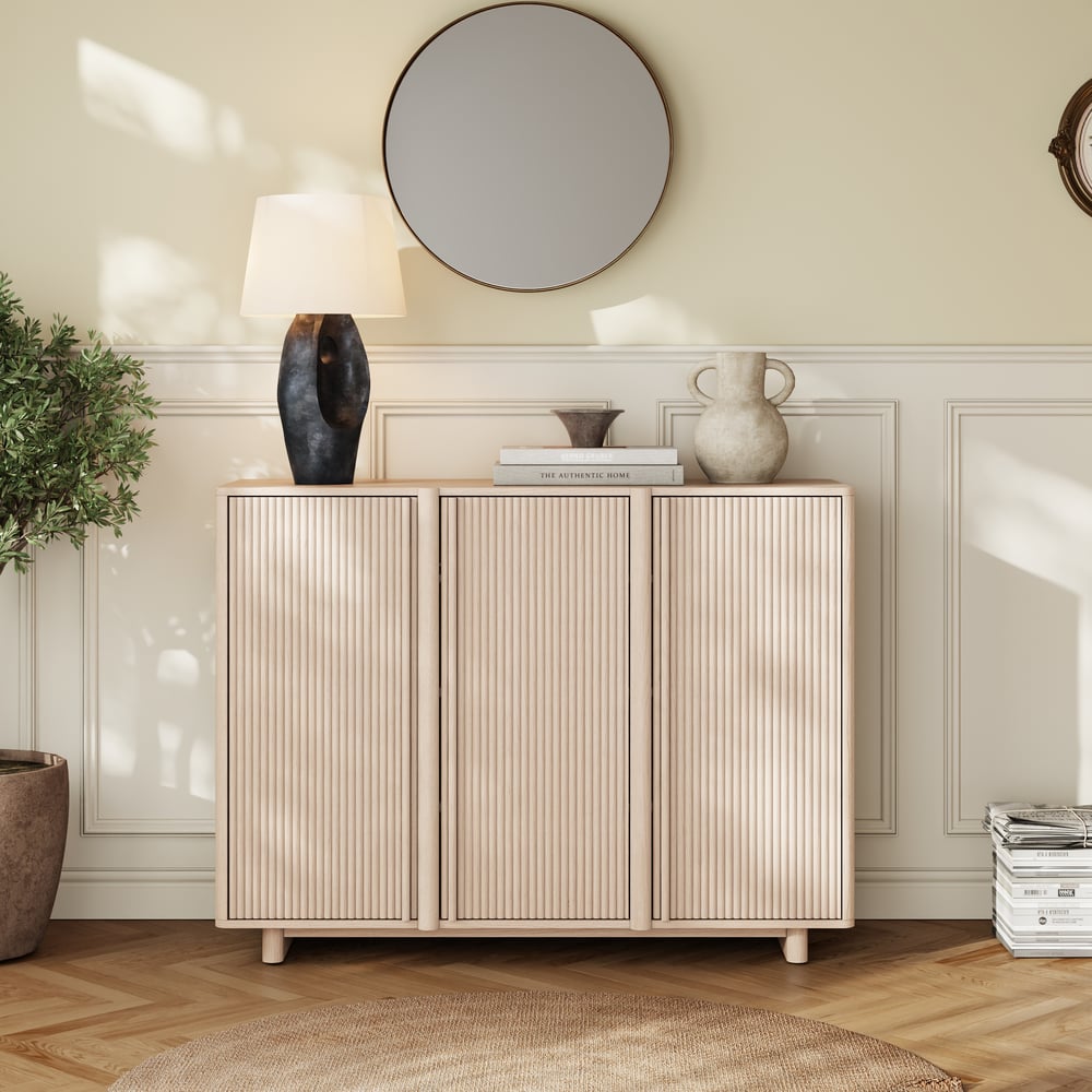 Lineva 48" Ash Wood Veneer Shoe Storage Fluted Entryway Cabinet window image
