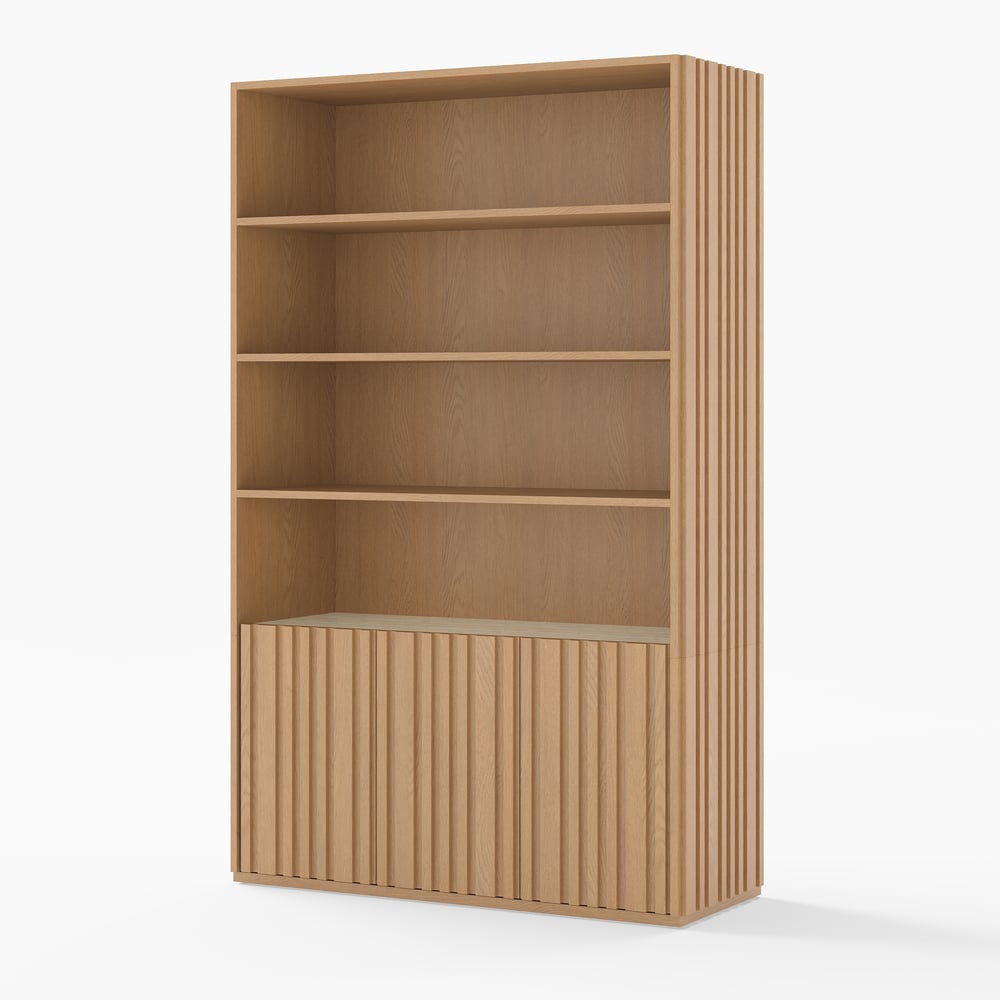 Aura 120cm Boekenkast van Essenhout met Gegroefde Details en Blad van Sintersteen Vensterafbeelding