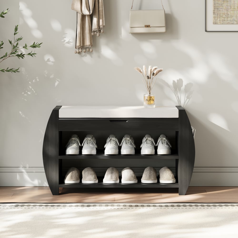 Banc d'entrée de rangement de chaussures noir en bois massif de 81 cm avec étagère à chaussures image de fenêtre