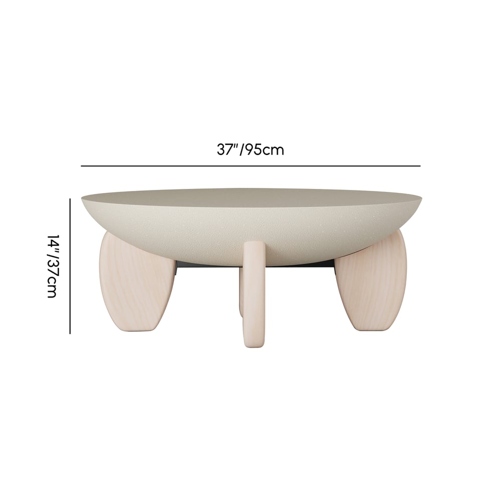 Mesa de Centro Curva Round de Betão e Nogueira com Pernas de Madeira Imagem com pesos e dimensões