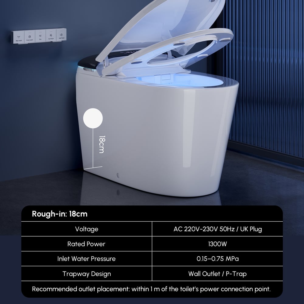 Smart Bidet Toilet with Built-in Tank, Foam Shield, Comfort Seat Height, Auto-Open Lid weights dimensions image