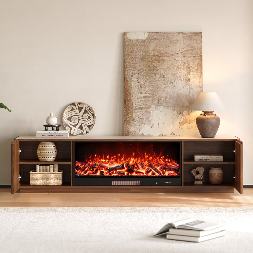 Aura 84" Sintered Stone Top Electric Fireplace TV Stand window image