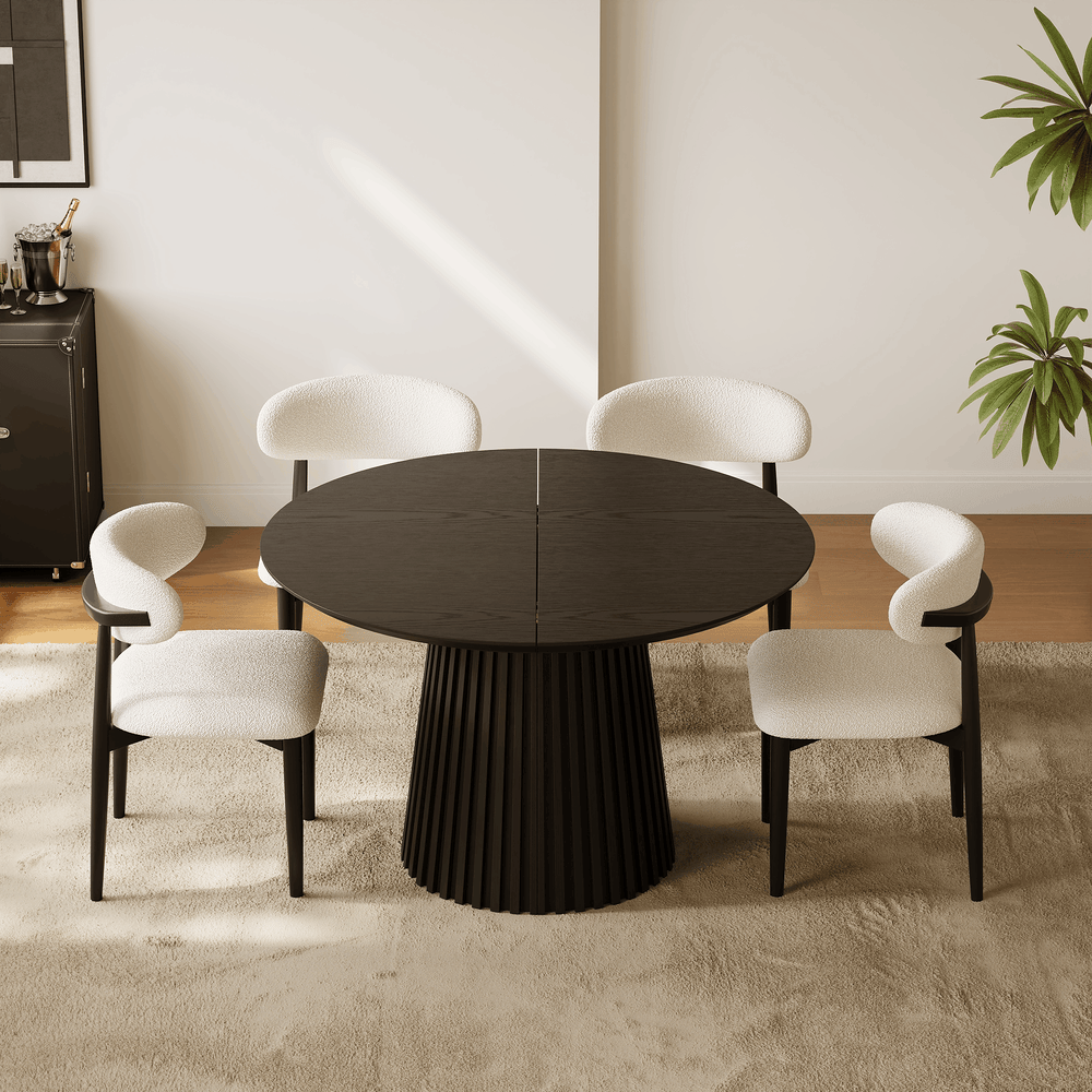 Modern 47"-79" Extendable Black Wood Dining Table with Fluted Base, Seats 4-6 window image
