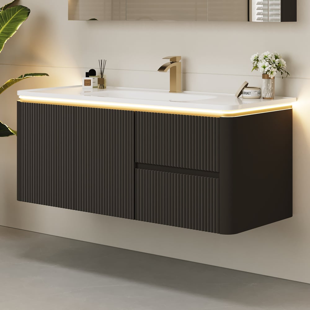 Mueble de baño flotante moderno de 120 cm con lavabo, LED suave, amplio almacenamiento Imagen de ventana