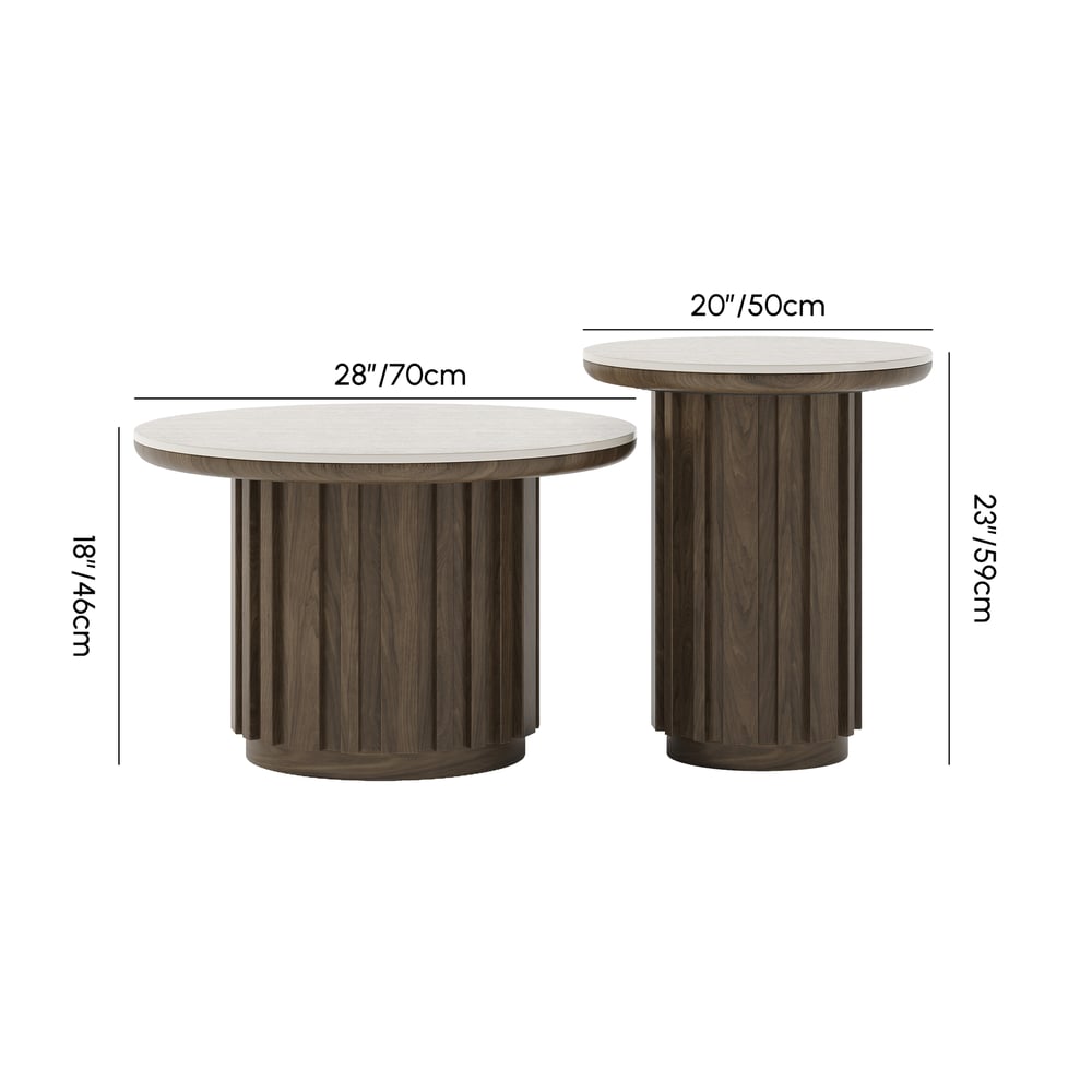 Aura 2 Piece Set Ash Wood Slatted  Round Coffee Table with Sintered Stone Top(20" - 28") weights dimensions image