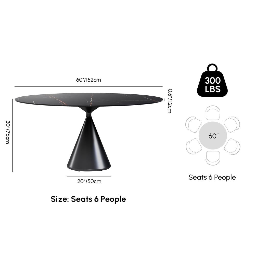 Modern 60" Round Matte Sintered Stone Dining Table with Black Pedestal Base, Seats 6 weights dimensions image