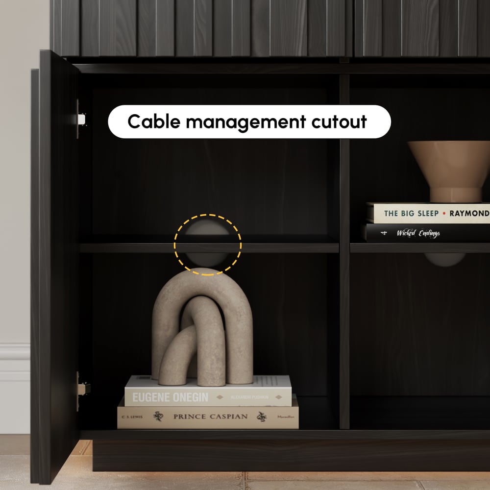 Aura 65" Ash Wood Slatted Black TV Stand with Sintered Stone Top window image