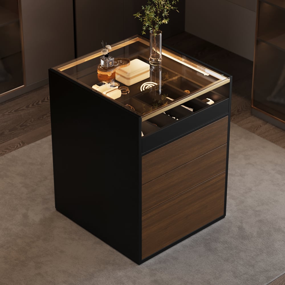 Saddle Leather 7-Dresser Walk-In Closet Island with Light & Jewelry Display window image