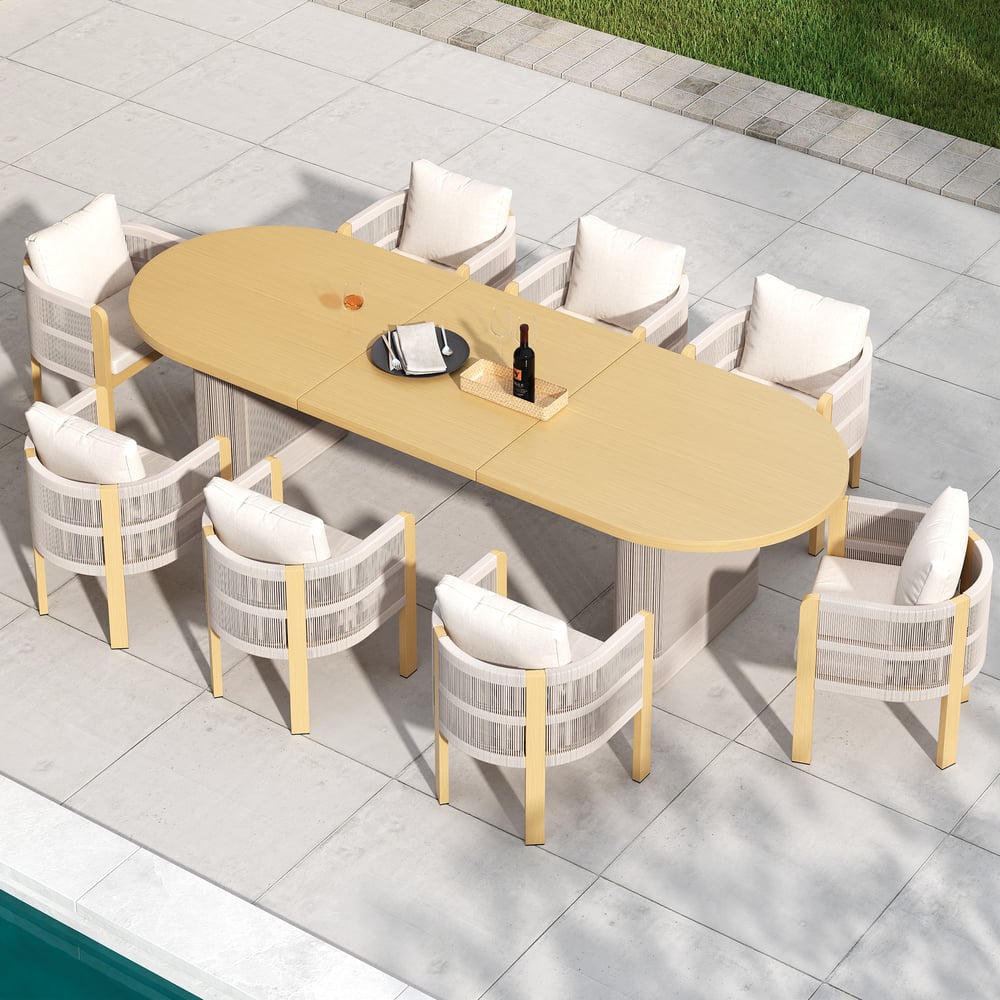 Costra 9-Piece Outdoor Aluminum & Rope Extendable Dining Set with 8 Chairs window image