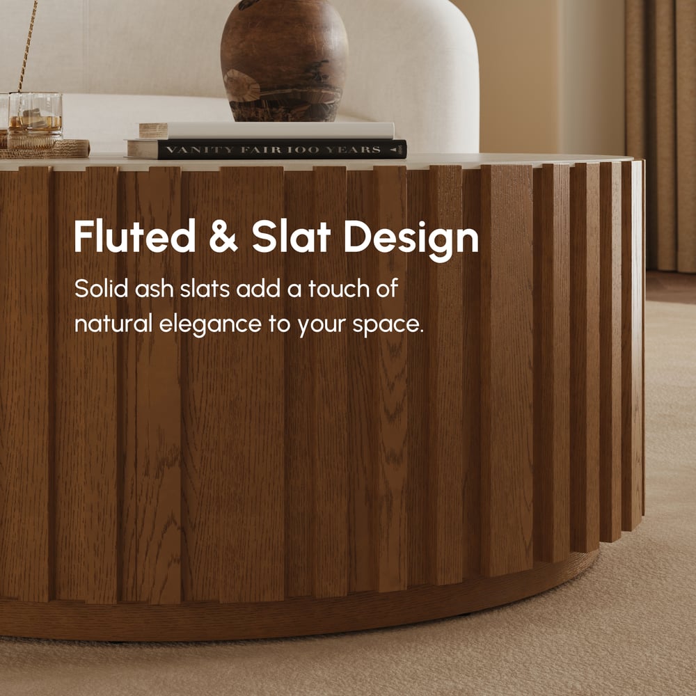 Aura 35" Ash Wood Slatted Round Coffee Table with Sintered Stone Top window image