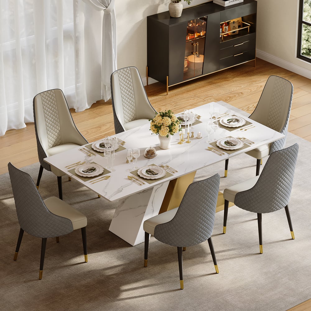 Dining Set 79" Modern Rectangle Sintered Stone Dining Table with 6 Chairs window image