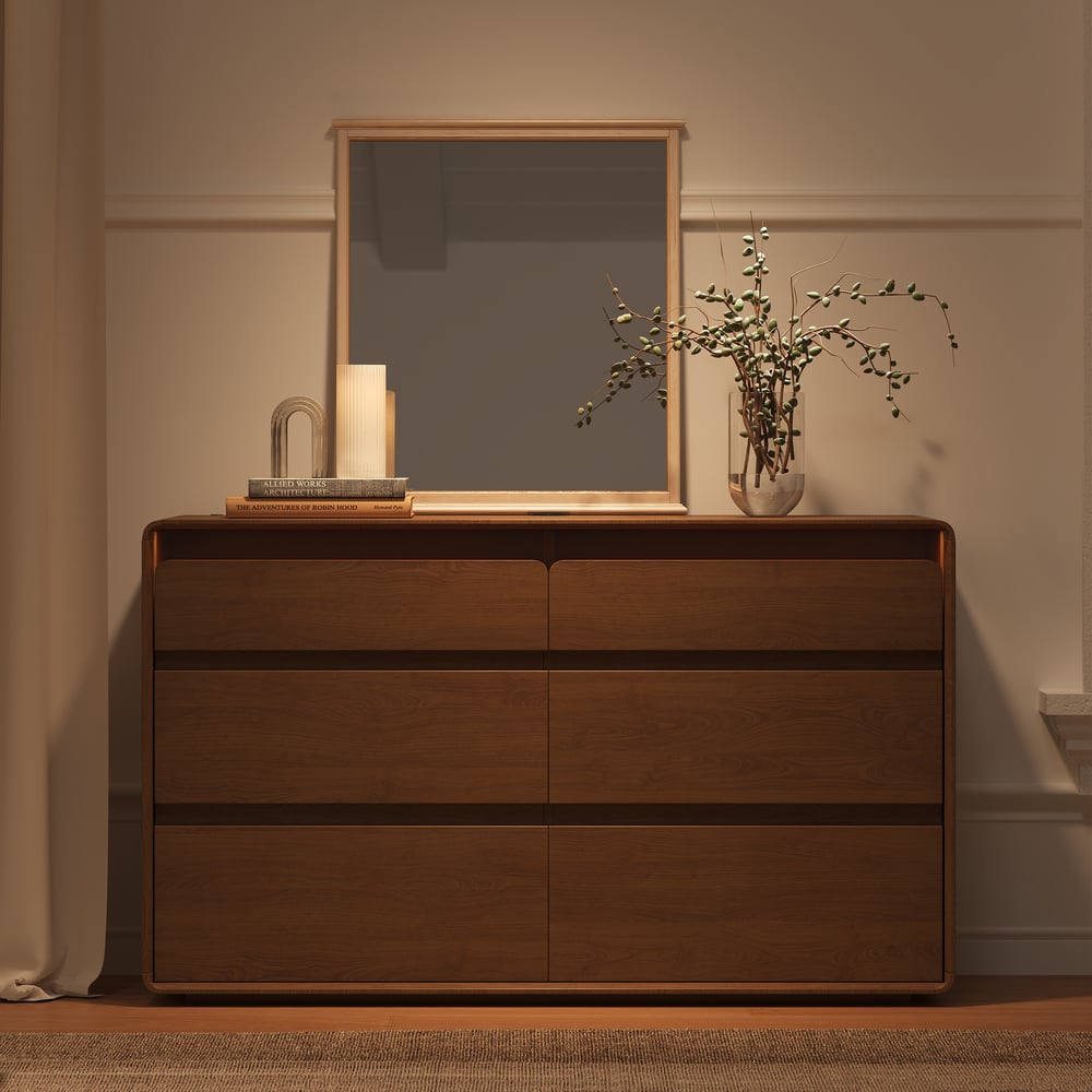 Meloa 47" Wooden Walnut 6-Drawer Dresser with Light and Charging Station window image