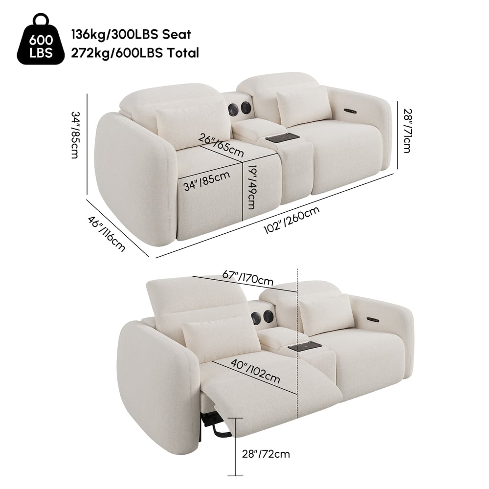 102" 2-Seater Chenille Dual-Motor Power Reclining Sofa with Multifunctional Center Console weights dimensions image