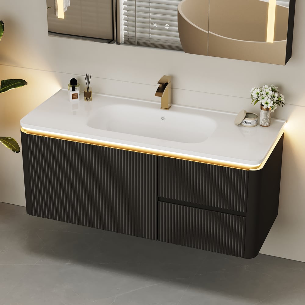Mueble de baño flotante moderno de 120 cm con lavabo, LED suave, amplio almacenamiento Imagen de ventana