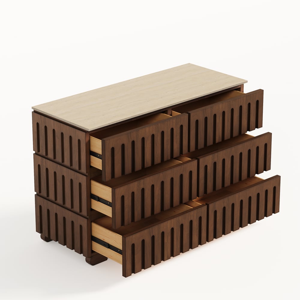 Commode moderne de 47 po en bois de frêne à 6 tiroirs avec dessus en pierre frittée imitation travertin image de fenêtre