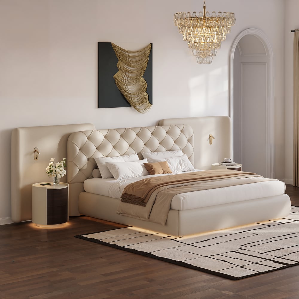 Modern King Genuine Leather Tufted Bed with Wide Charging Headboard & Light window image