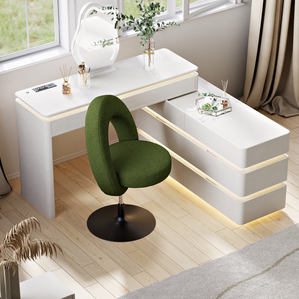 Modern Bouclé Adjustable Vanity Stool with Backrest window image