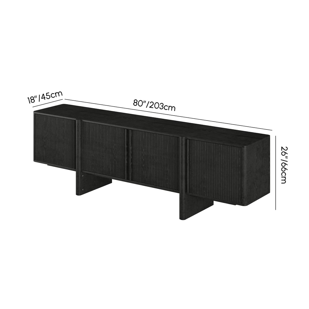 80" Solid Wood Fluted Black TV Stand with Cabinets weights dimensions image