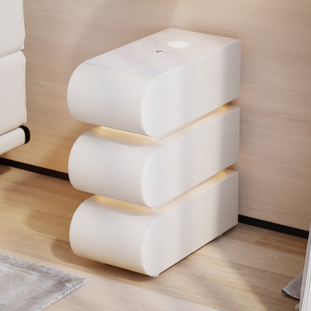 Narrow Humply Leather 3-Drawer Smart Nightstand with Sintered Stone Top window image