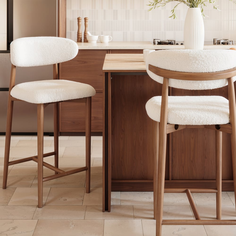 Modern Walnut Boucle Bar Stool with Wooden Legs, 1 Piece window image