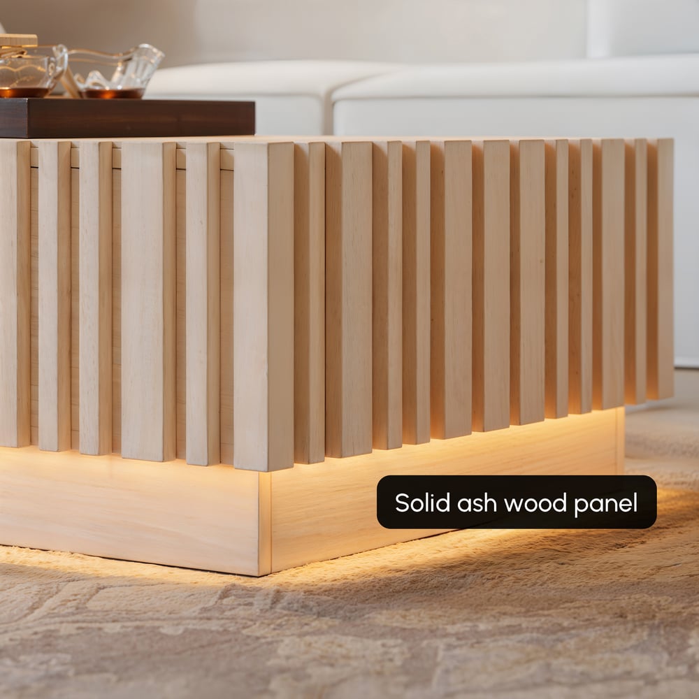 Aura 47" Ash Wood Slatted Coffee Table with Sintered Stone Top window image