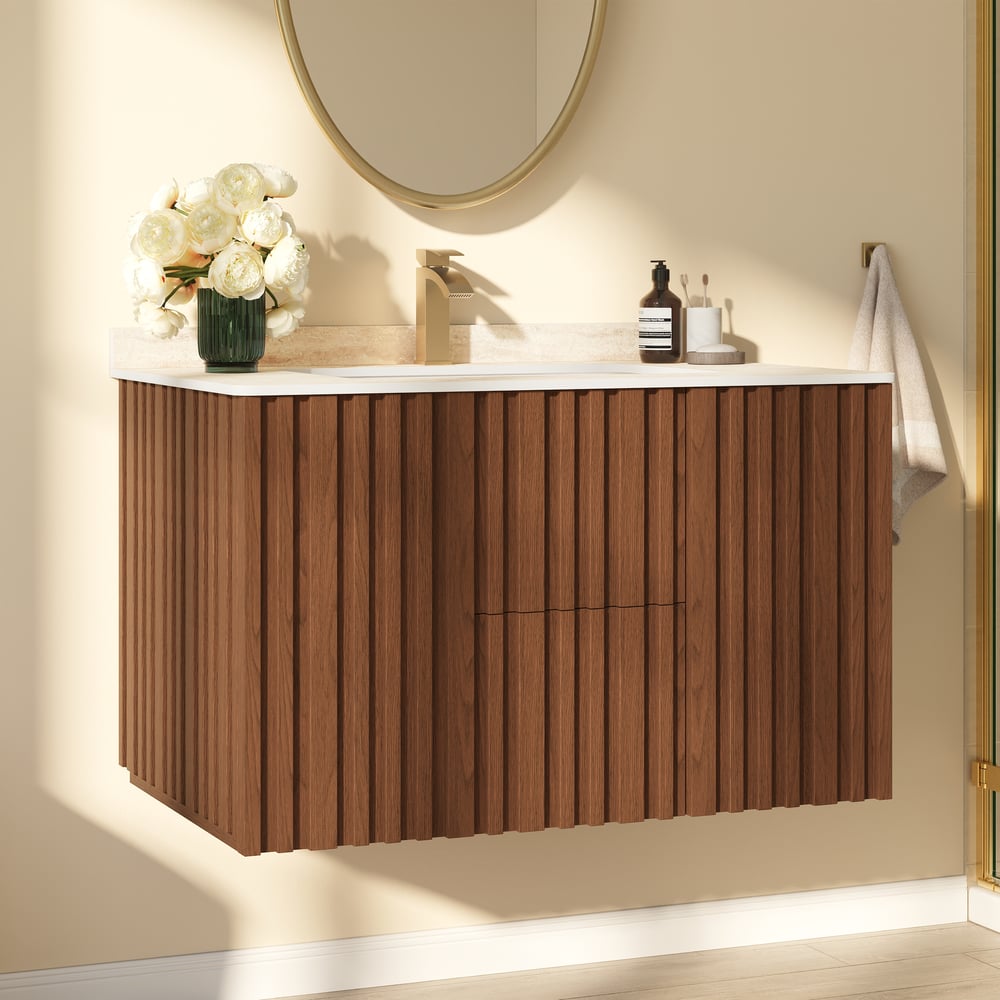 Aura 36" Bathroom Vanity with Light Ash Wood Slatted Panels Faux Travertine Top window image