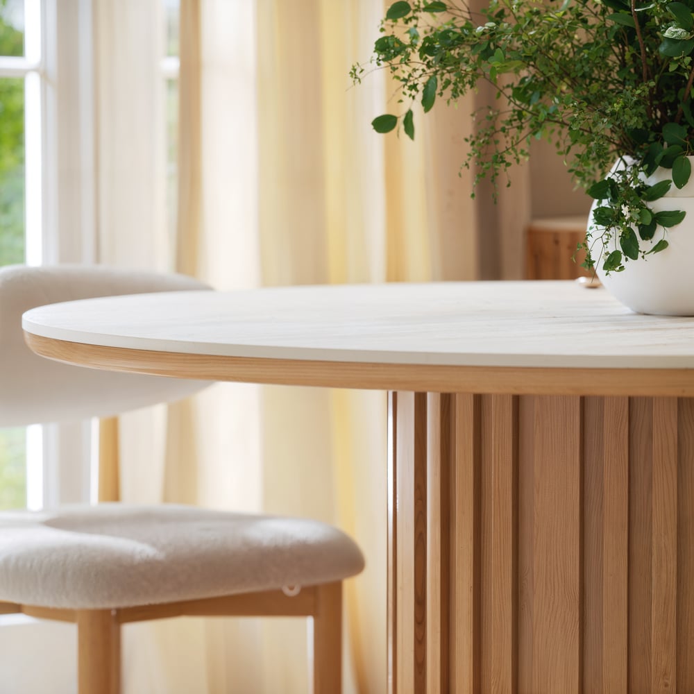 Aura 47" Round Natural Faux Travertine Sintered Stone Dining Table, Fluted Base, Seats 4 window image