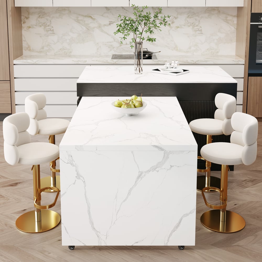 Isla de cocina de madera moderna extensible de 81''-112" con almacenamiento, blanco y negro Imagen de ventana