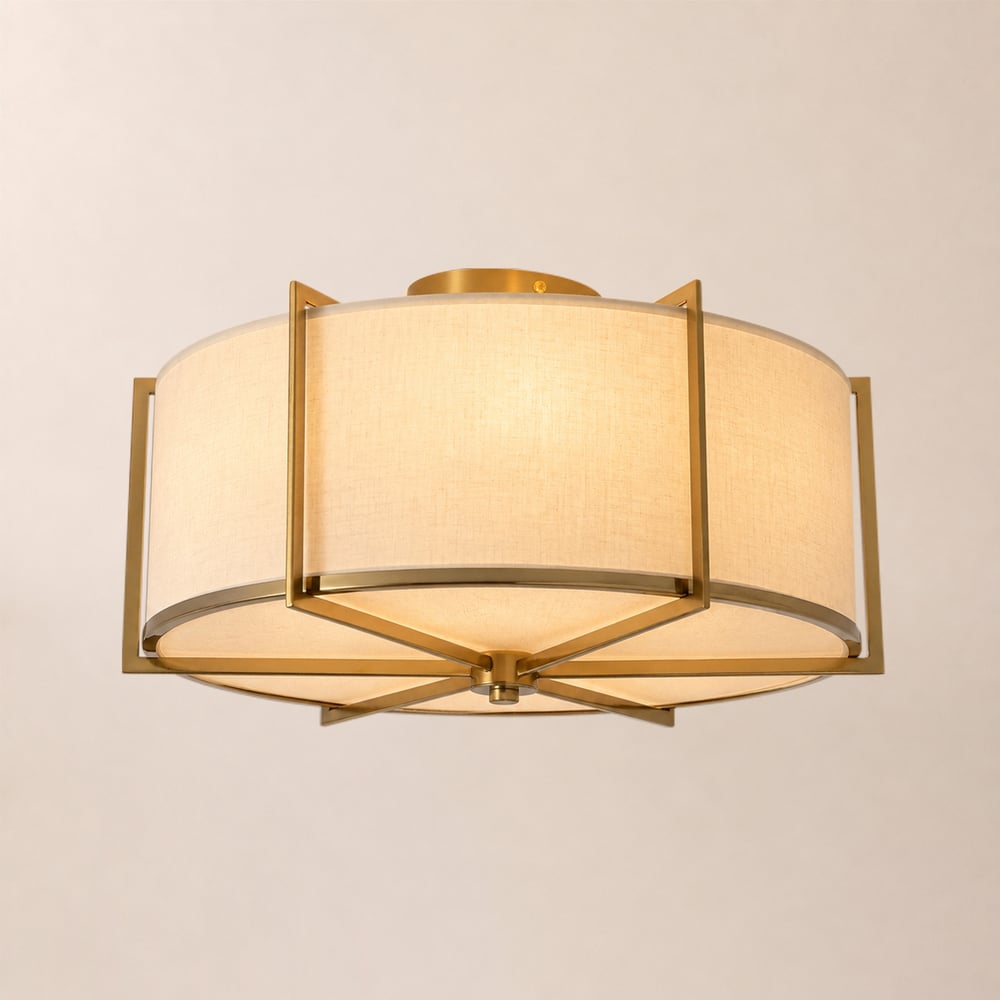 18" Fabric Flush Mount Light in Gold Finish, 3-Light window image