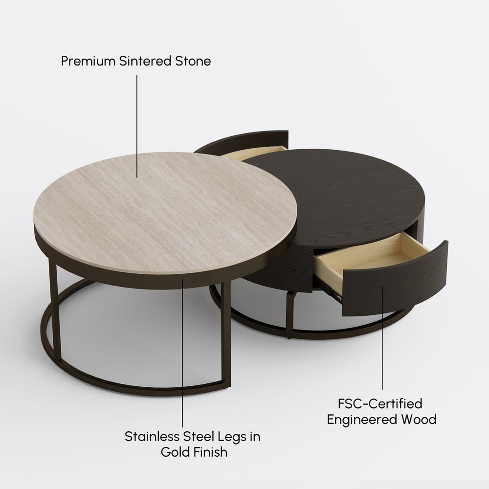 Ensemble de 2 tables basses gigognes rondes Nesnesis de 28" à 32" en noyer avec plateau en pierre frittée image de fenêtre