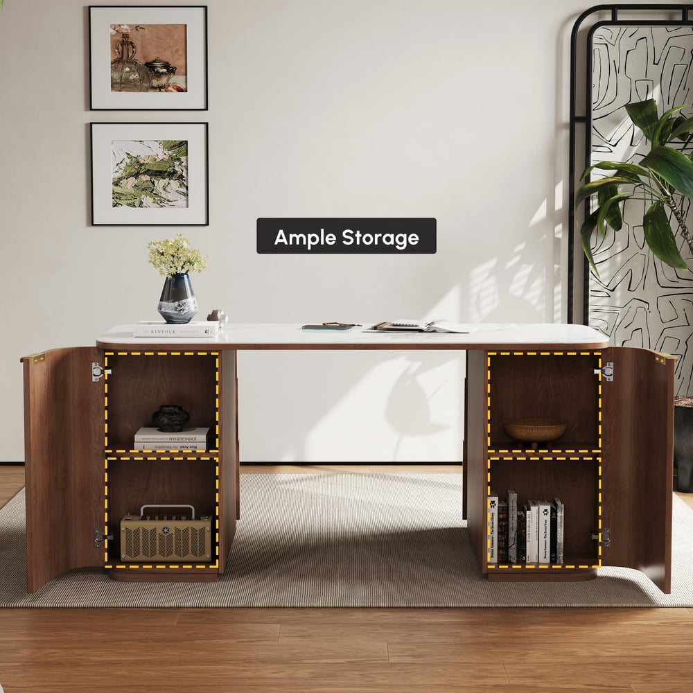 Bureau rectangulaire en noyer, frêne et pierre frittée avec 6 tiroirs (1620mm) image de fenêtre