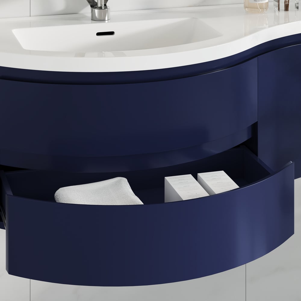 35" Navy Floating Single Curved Bathroom Vanity with Sink & Storage window image