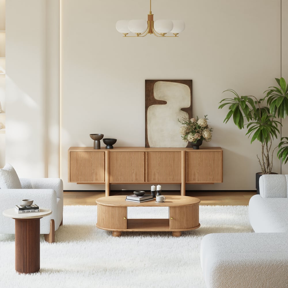 80" Solid Wood Fluted Natural TV Stand with Cabinets window image