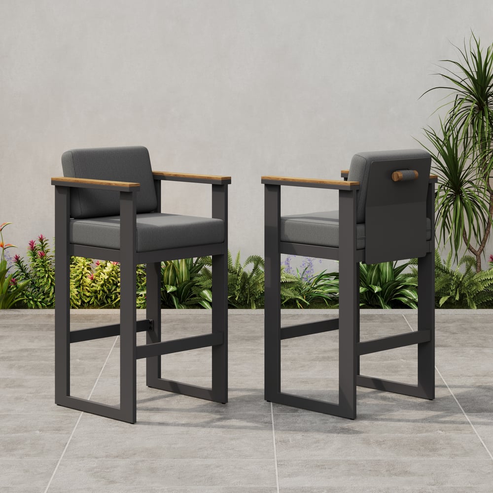 Tevara Outdoor Aluminum Frame & Teak Wood Armrest Bar Stools in Dark Gray, Set of 2 window image