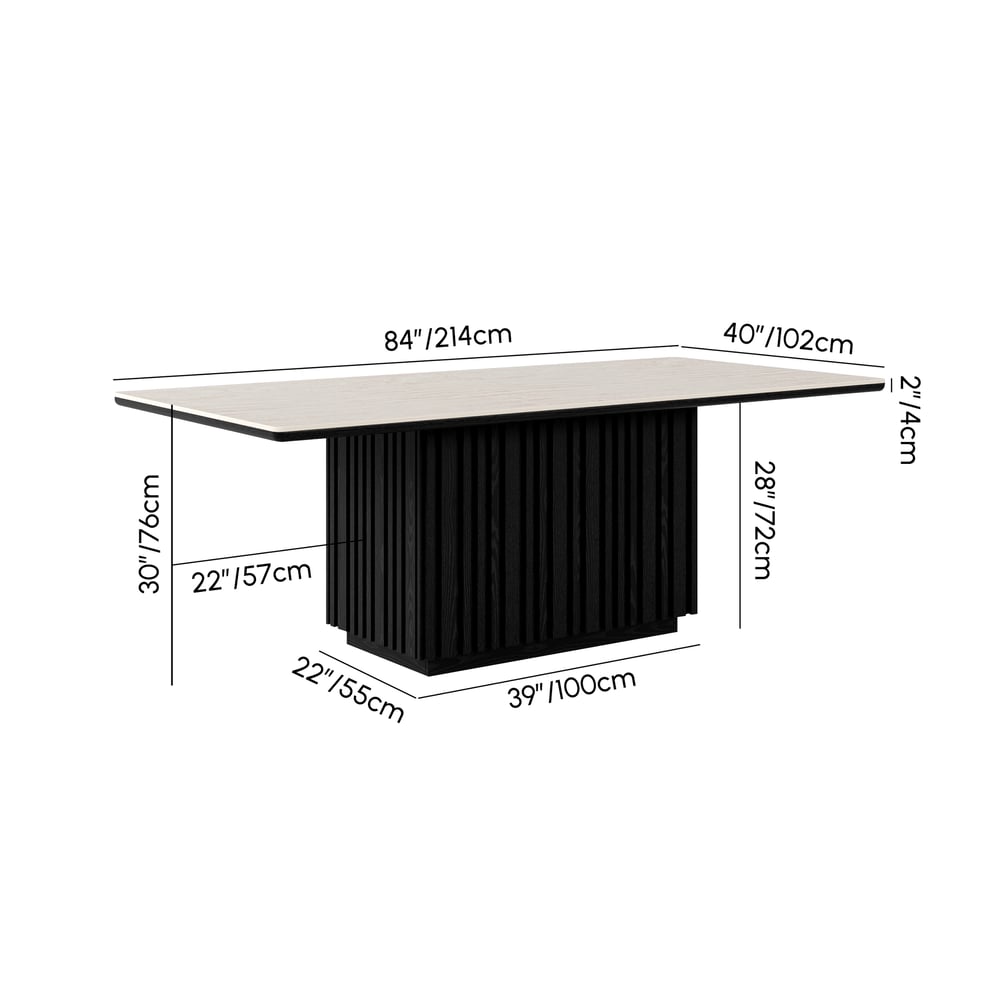 Aura 84" Rectangular Black Faux Travertine Sintered Stone Dining Table, Fluted Base, Seats 8 weights dimensions image