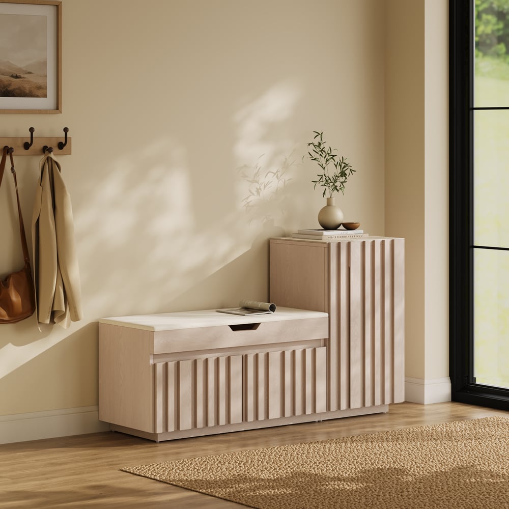Banc de rangement pour chaussures en bois Aura 47 po avec armoire sur le côté droit pour l'entrée image de fenêtre