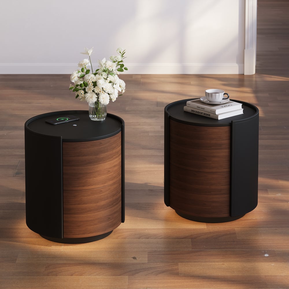 Modern Black Saddle Leather 2-Drawer Nightstand with Charging Station & Light window image